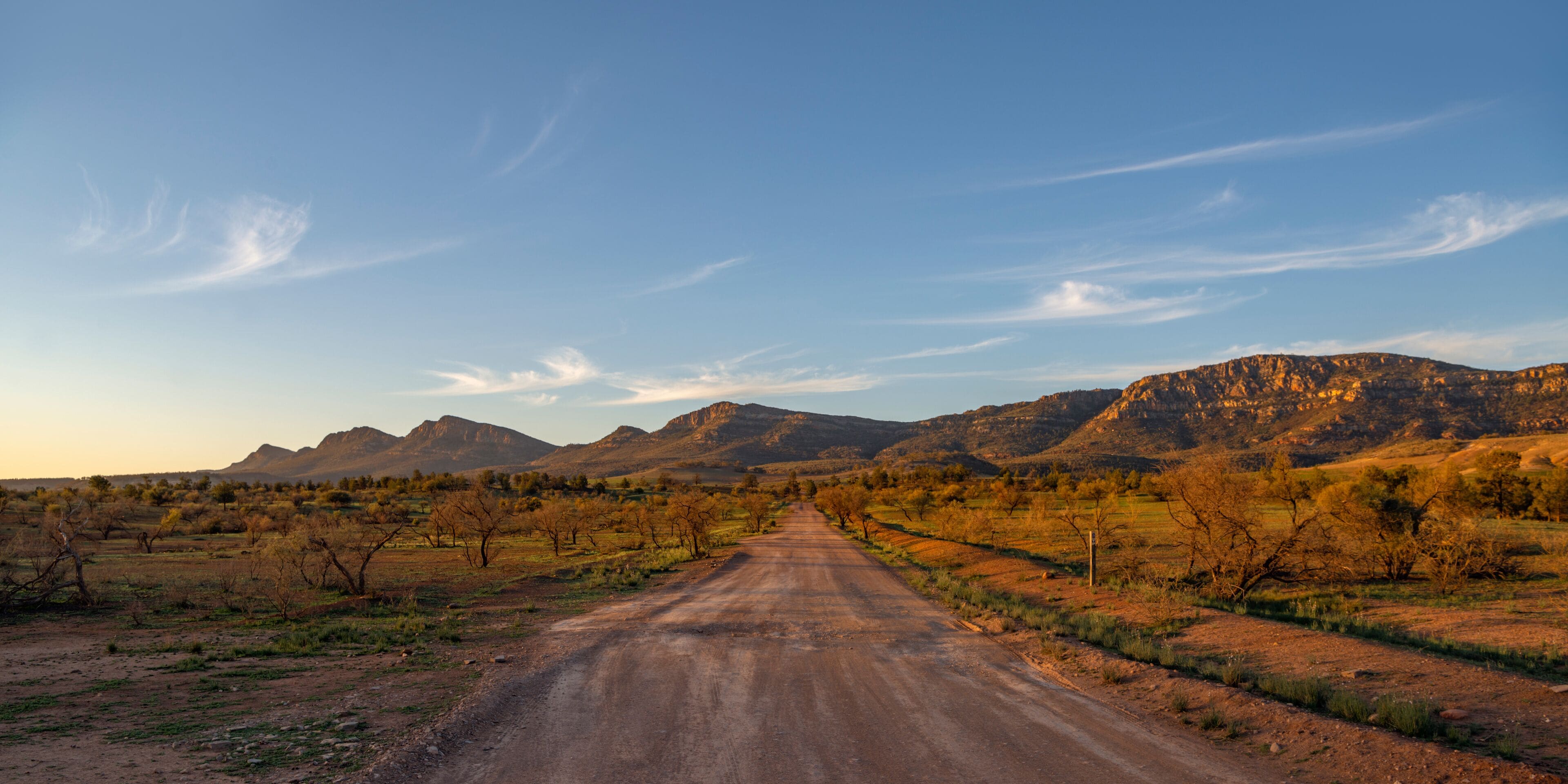 A dirt road leading through a rural landscape with mountains in the background.