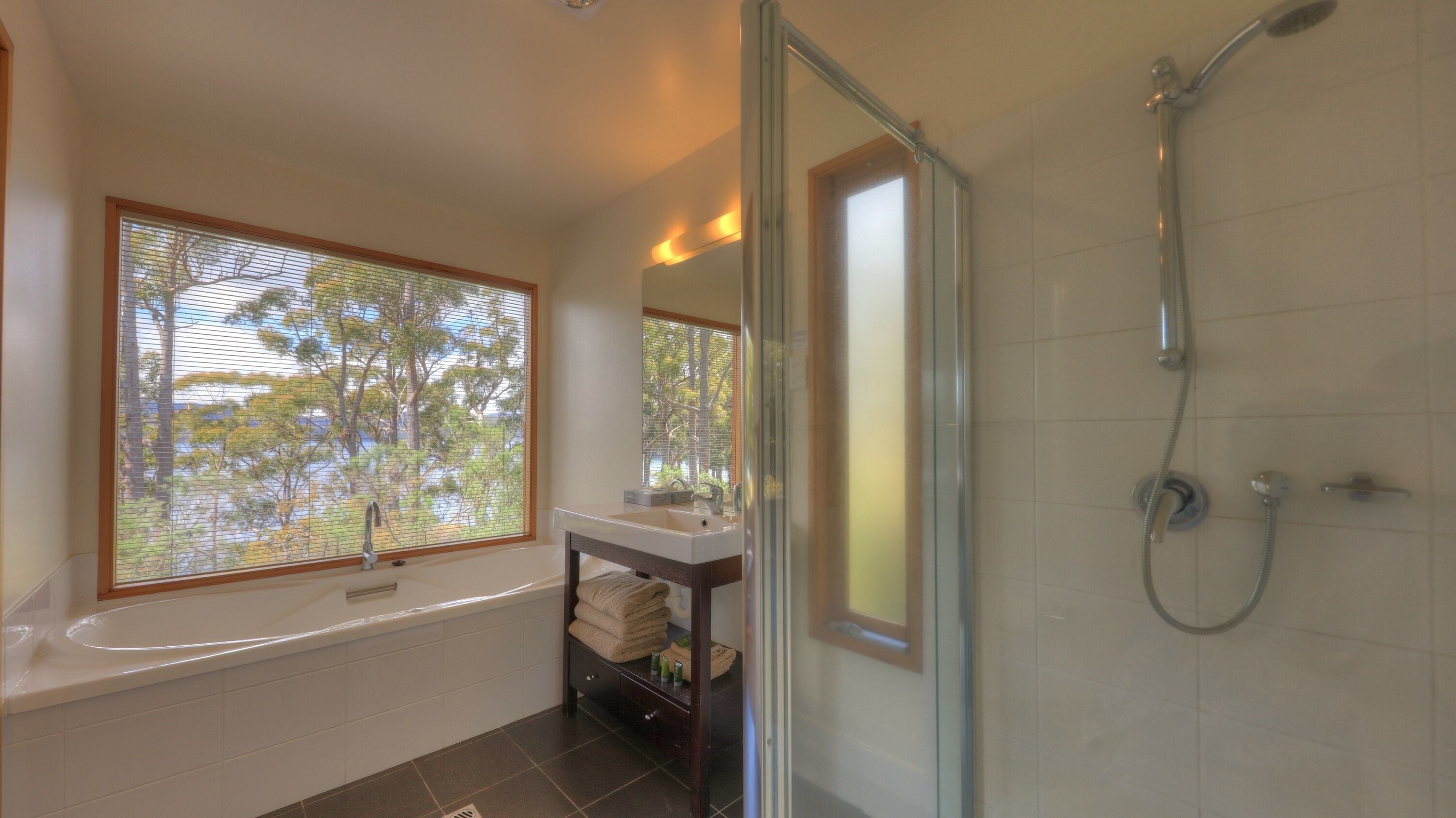 Une salle de bain moderne avec une baignoire, une douche à l’italienne en verre et une fenêtre donnant sur les arbres.