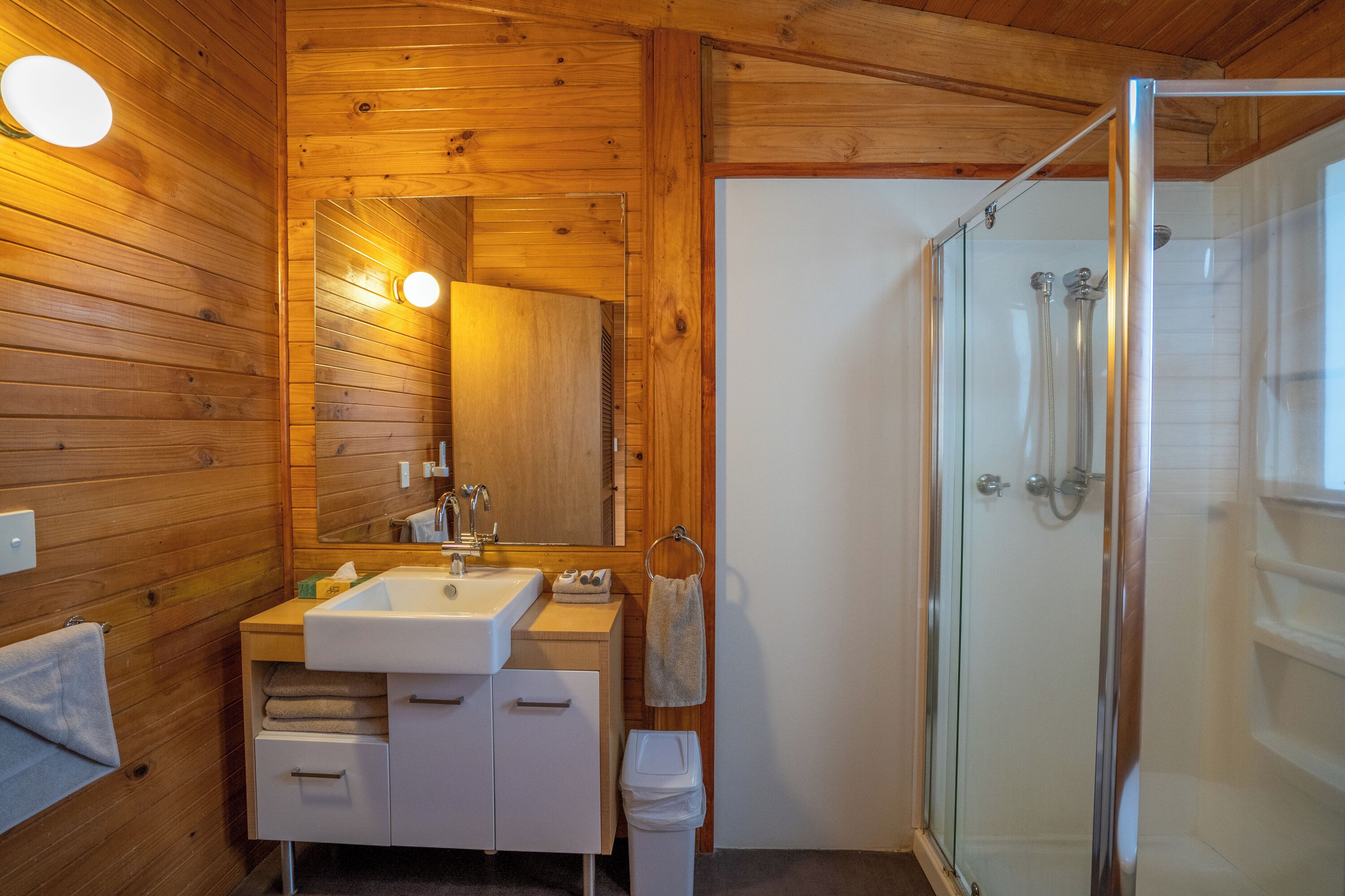 Ein Badezimmer im Holzdesign mit Waschbecken, Spiegel und einer Duschkabine aus Glas.