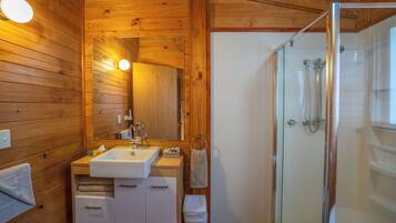 Ein Badezimmer im Holzdesign mit Waschbecken, Spiegel und einer Duschkabine aus Glas.