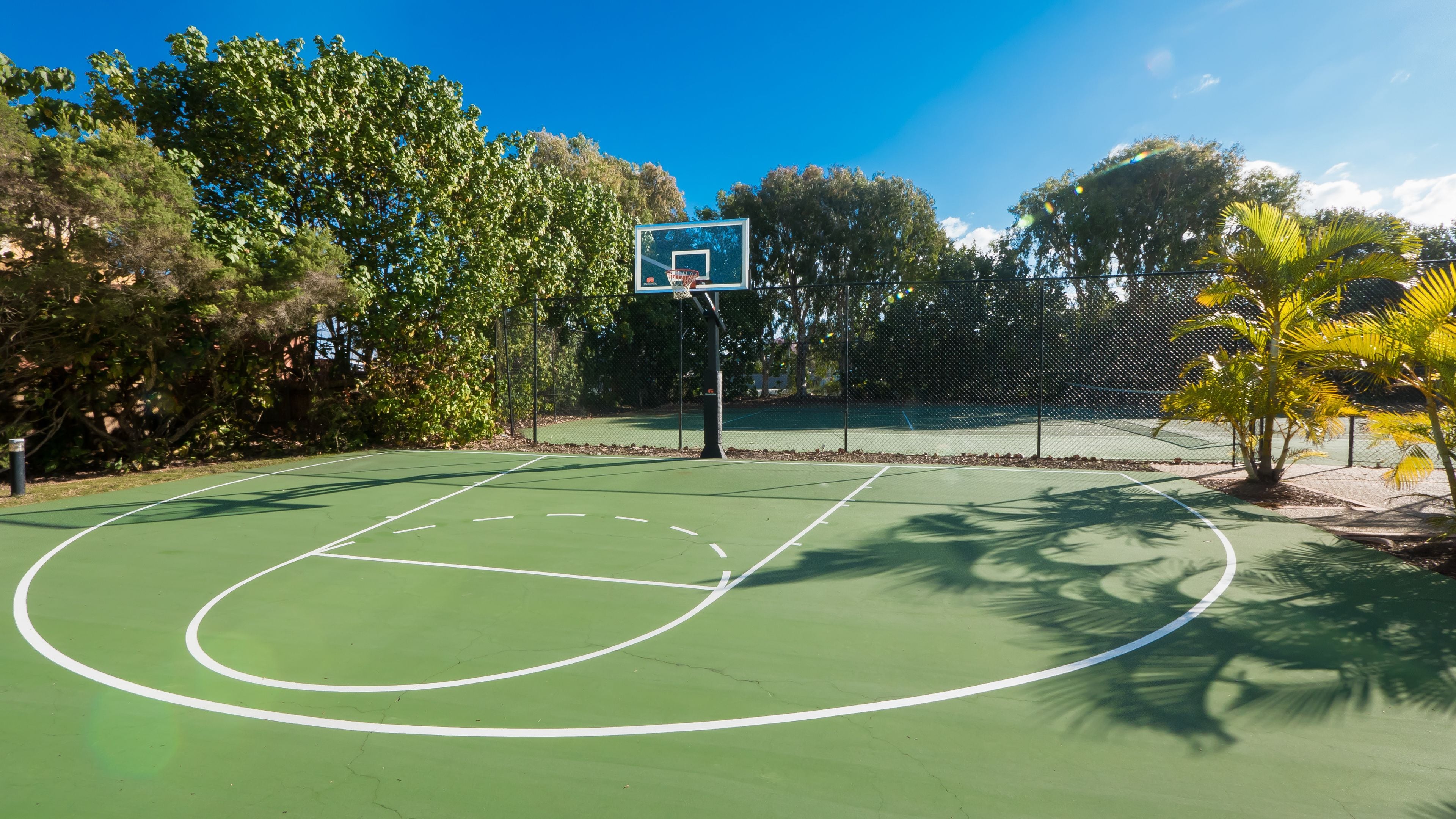An outdoor basketball court with a green surface, surrounded by trees and a fence.