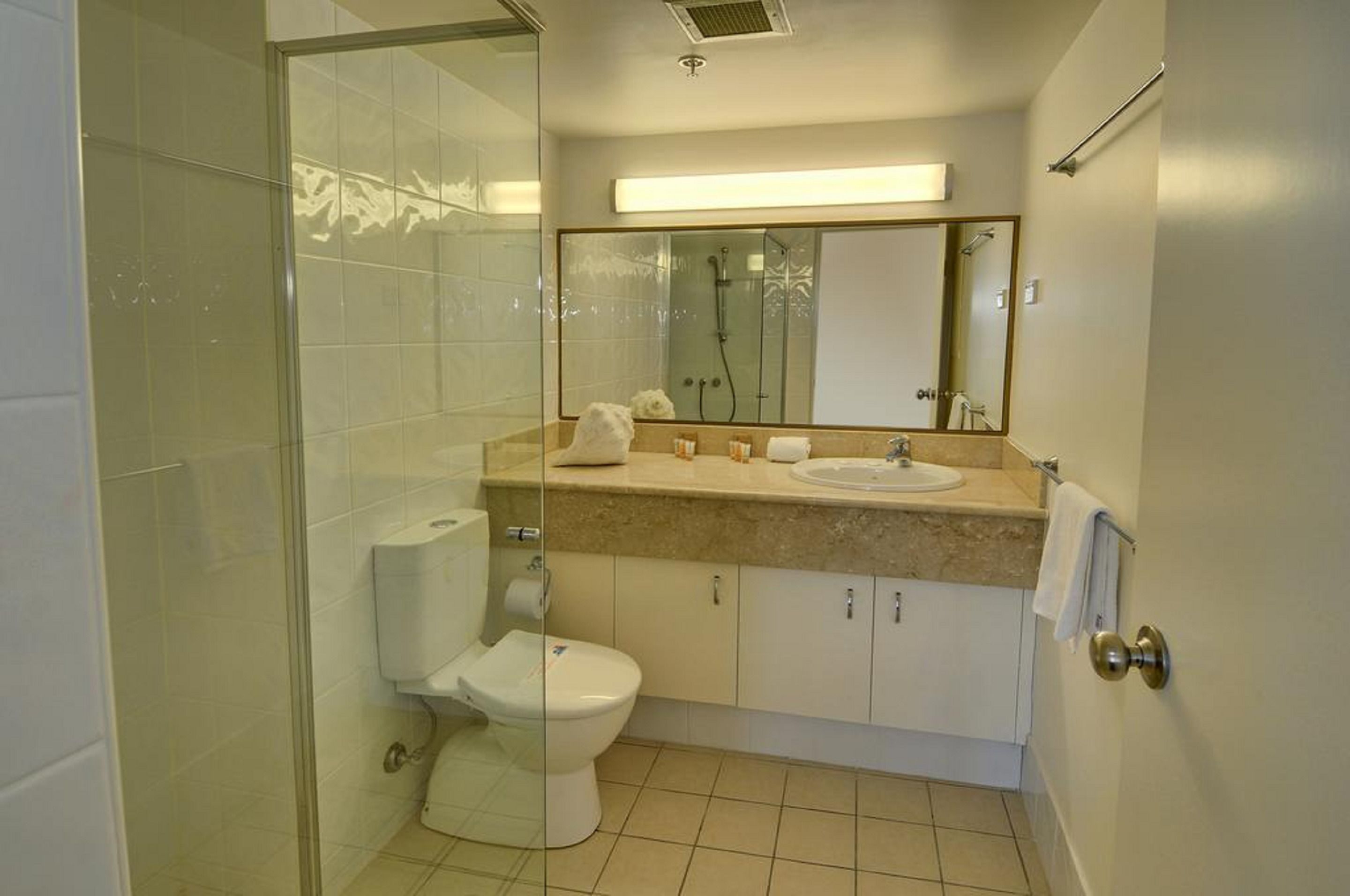 A bathroom with a glass shower enclosure, a toilet, a sink with a mirror above it, and a towel rack.