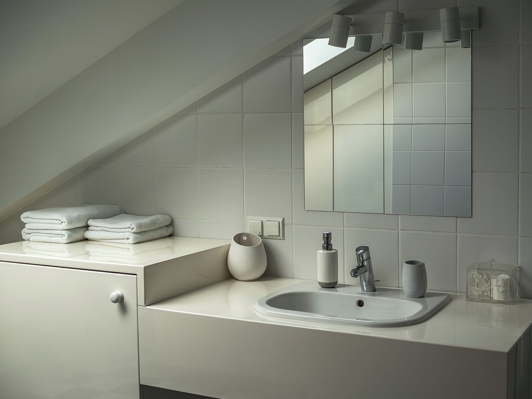 A modern bathroom with a white vanity, a sink, a mirror, and a towel stack.