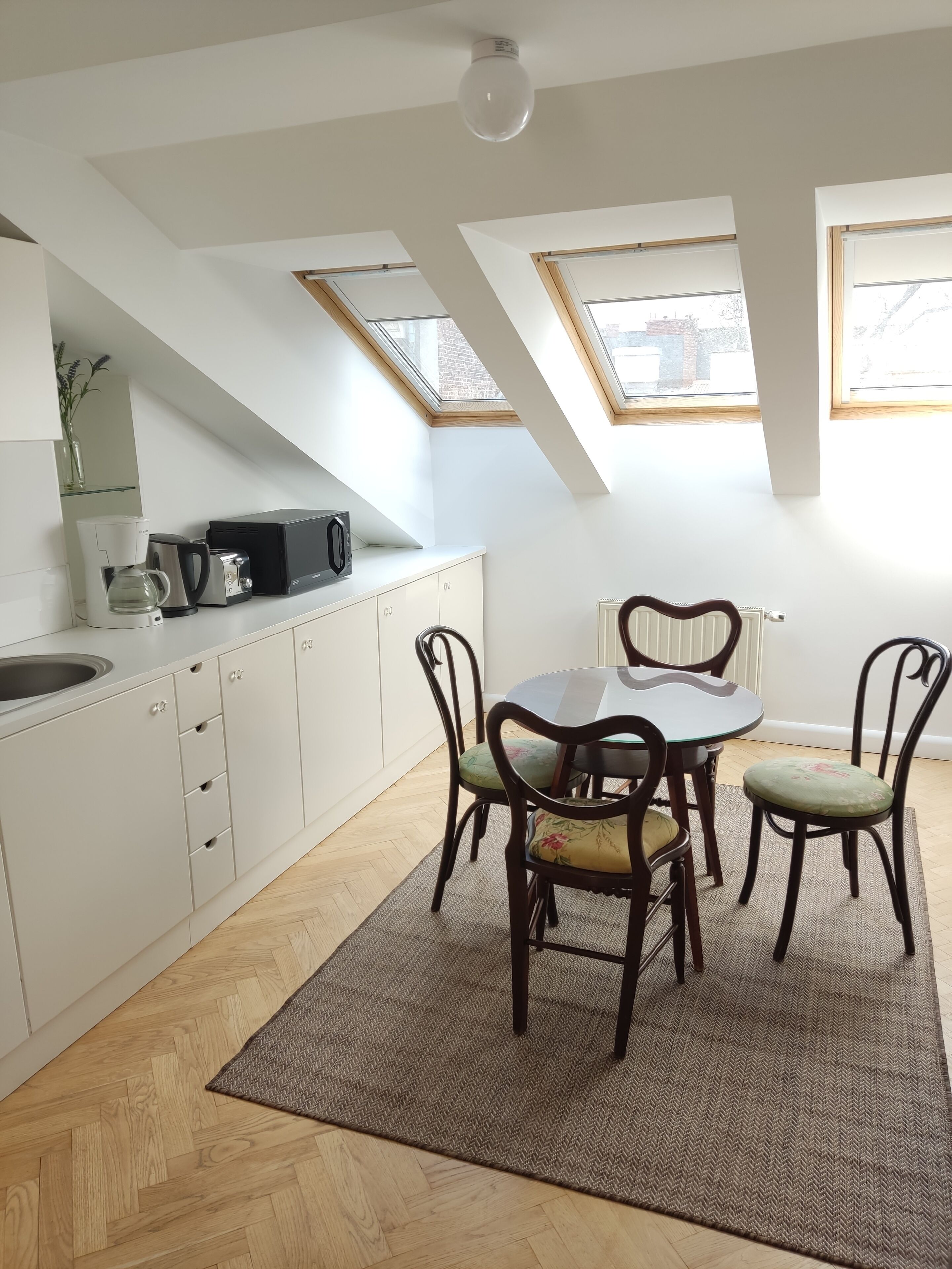A modern kitchen with skylights, a dining area with wooden chairs, and a herringbone-patterned rug.