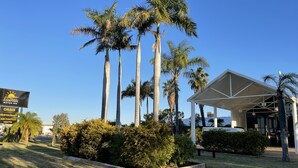 Un hôtel doté d’un espace extérieur abrité, de palmiers et d’une enseigne indiquant l’emplacement de l’Albert Park Motor Inn et du restaurant Oasis.