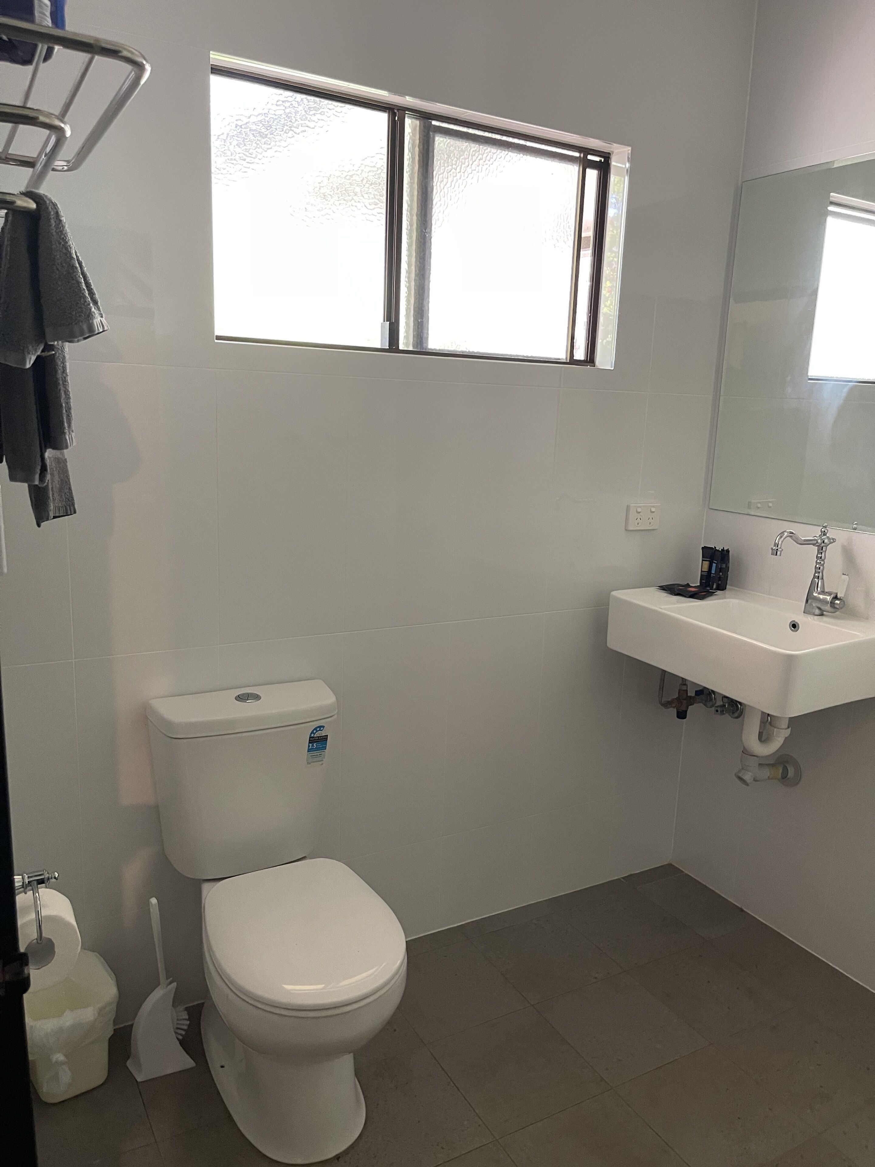 A bathroom with a toilet, a sink, and a window.