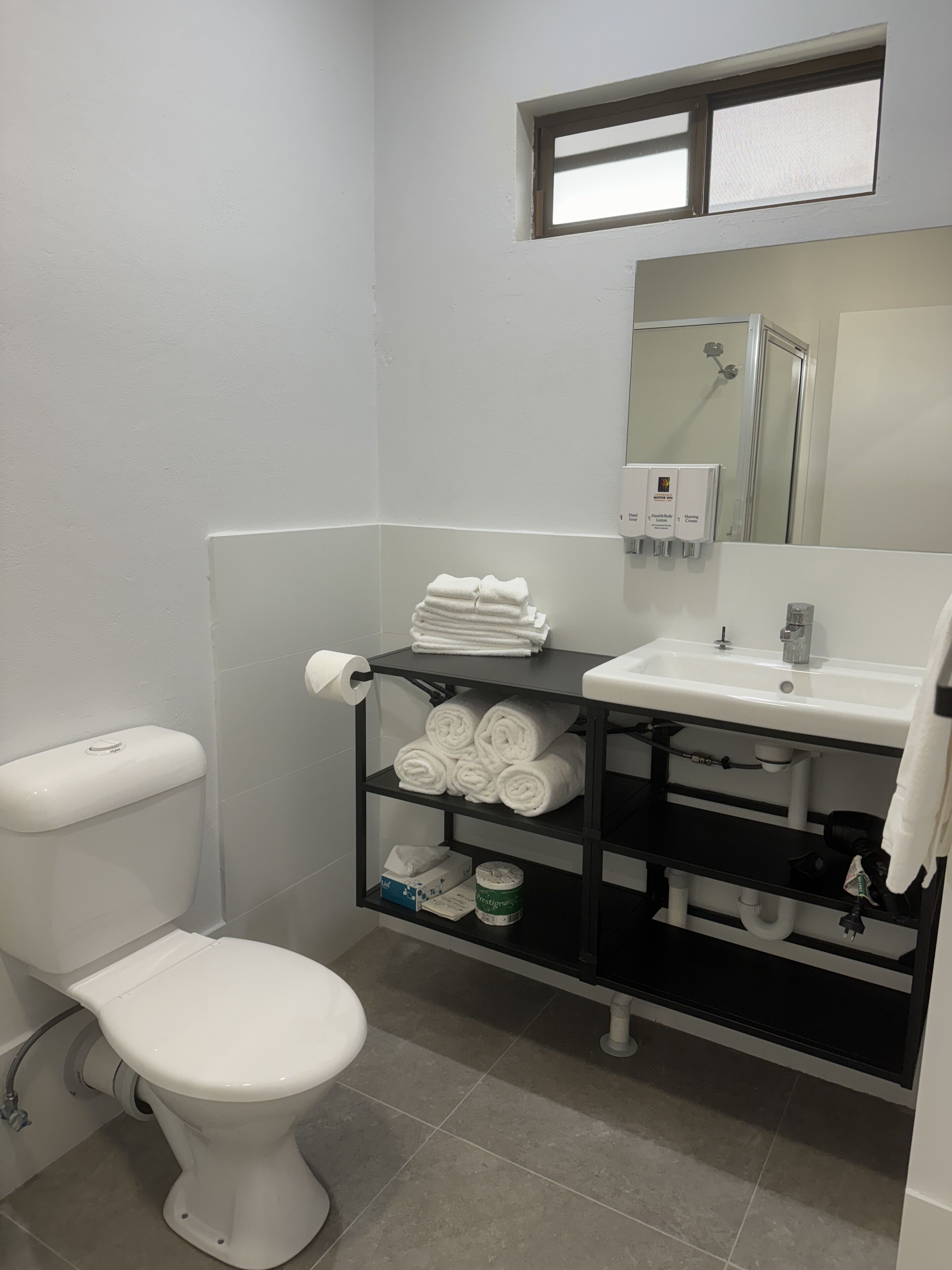 A bathroom with a toilet, a sink, a towel rack, and a shelf with toiletries.
