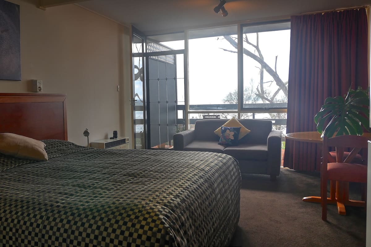 A hotel room with a large bed, a sofa, a small table, and a potted plant.