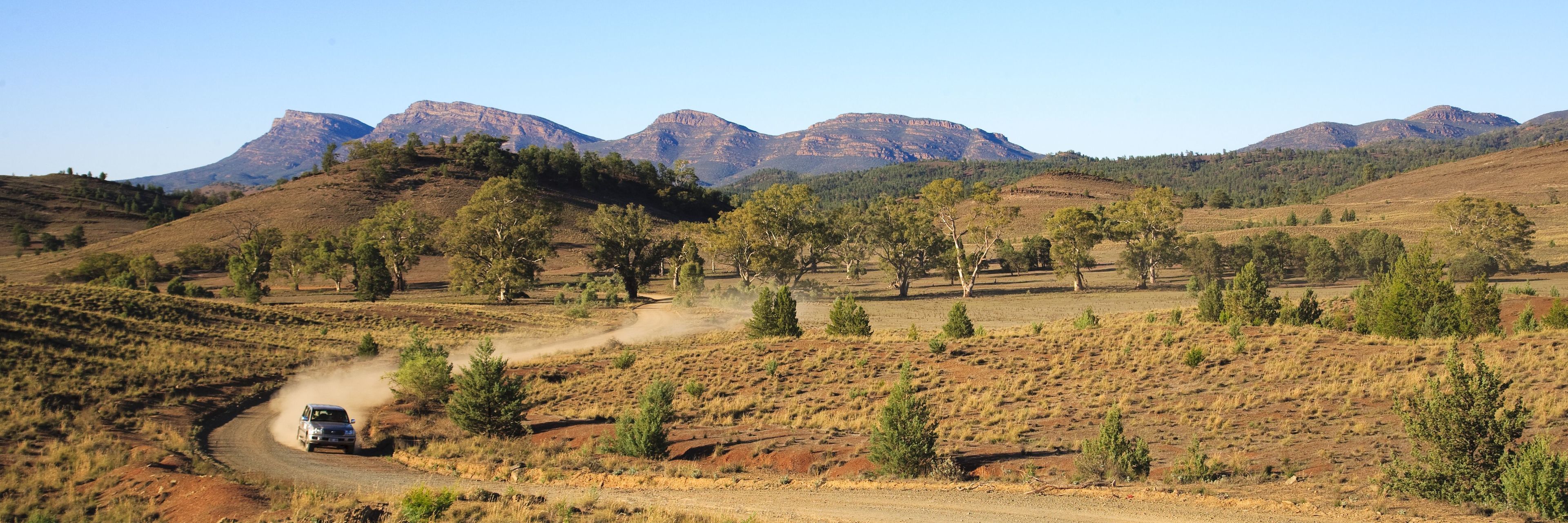 A dirt road winding through a hilly landscape with sparse vegetation and distant mountains.
