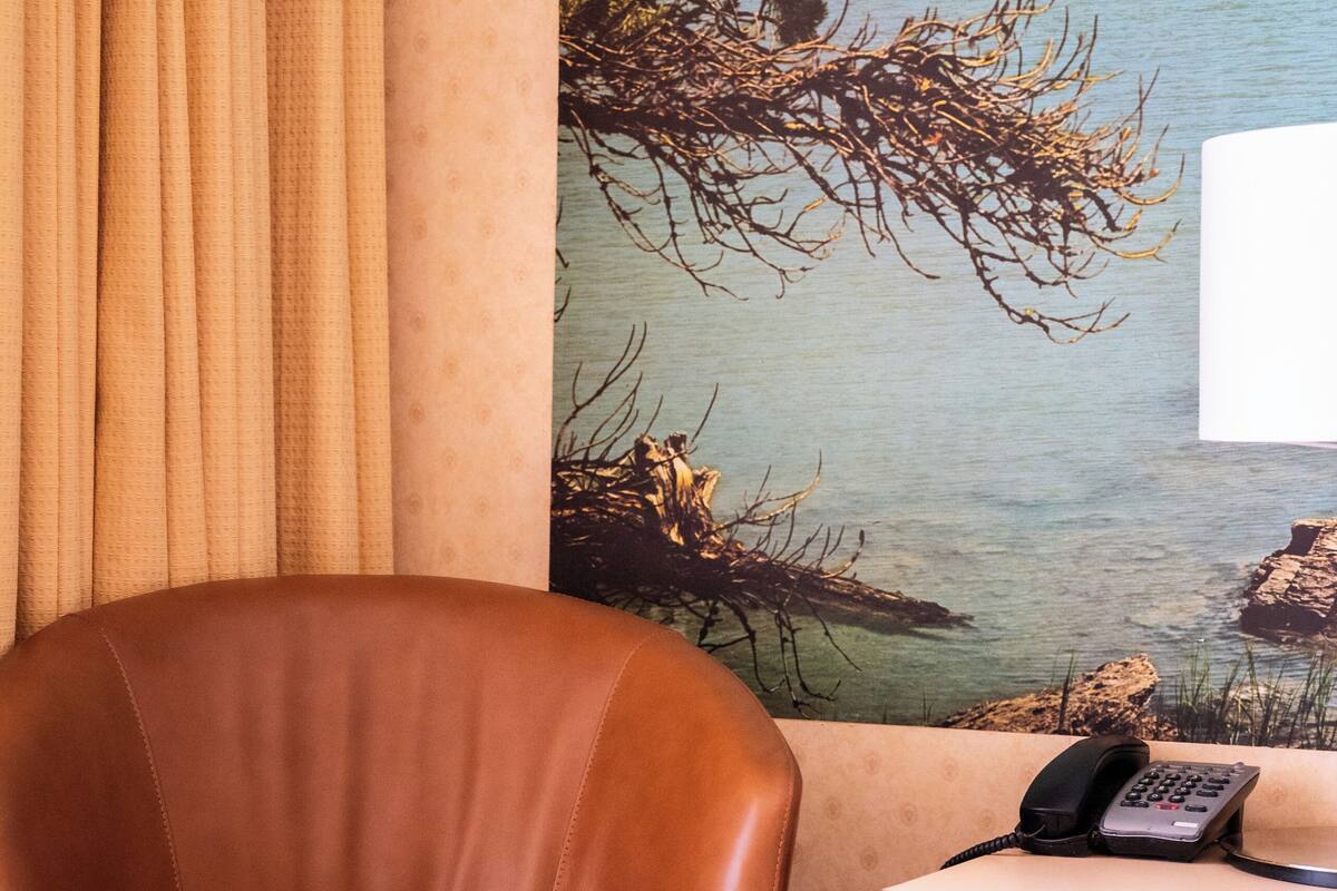 A brown leather chair, a wooden desk with a telephone, and a painting of a natural scene.