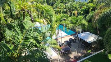 A pool area surrounded by lush greenery, with a dining table and chairs nearby.