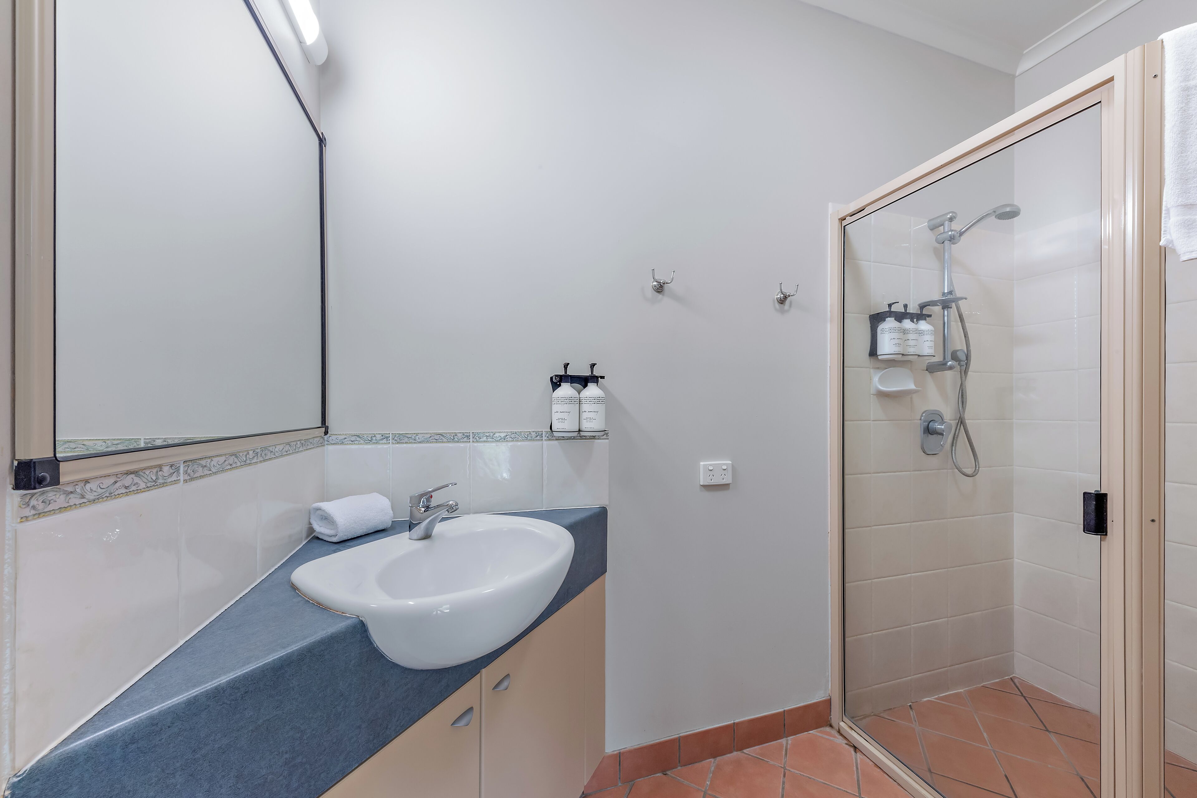 A bathroom with a sink, mirror, and shower.
