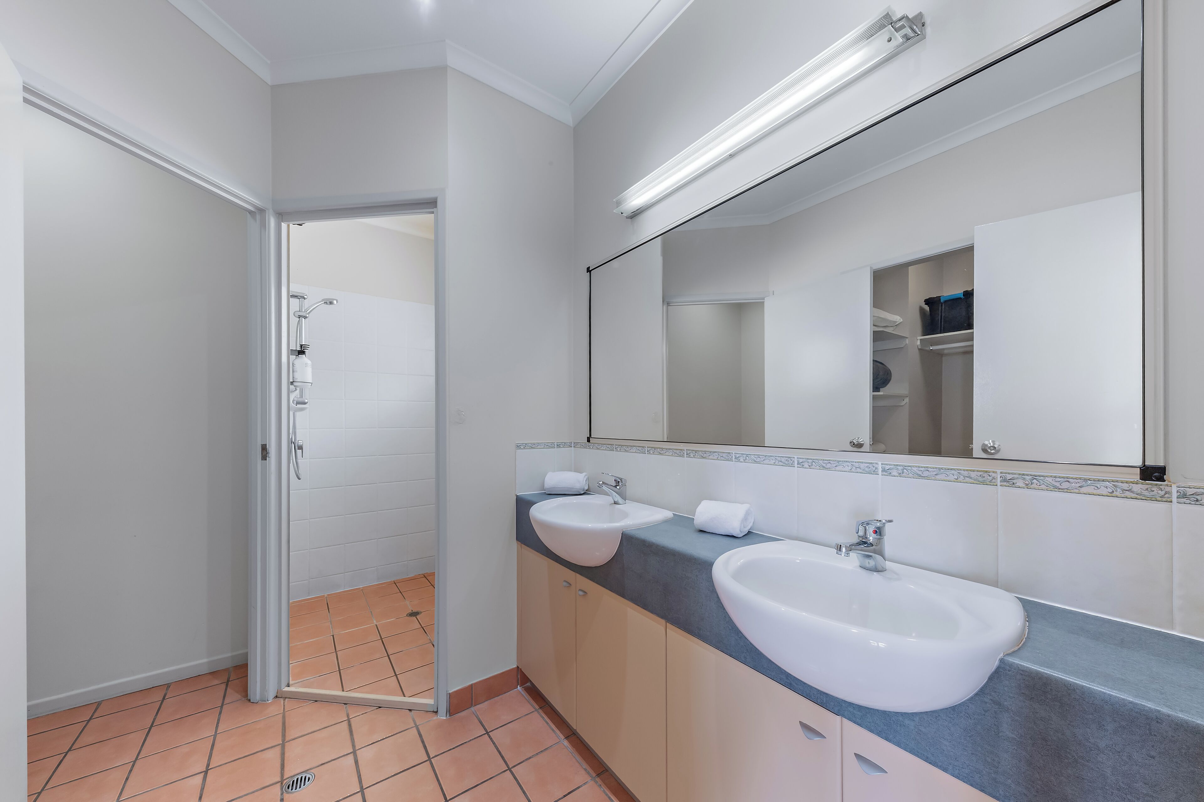 A bathroom with two sinks, a mirror, and a shower.