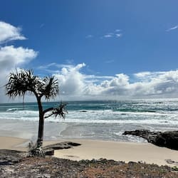 Una playa cerca, arena blanca, camas de playa