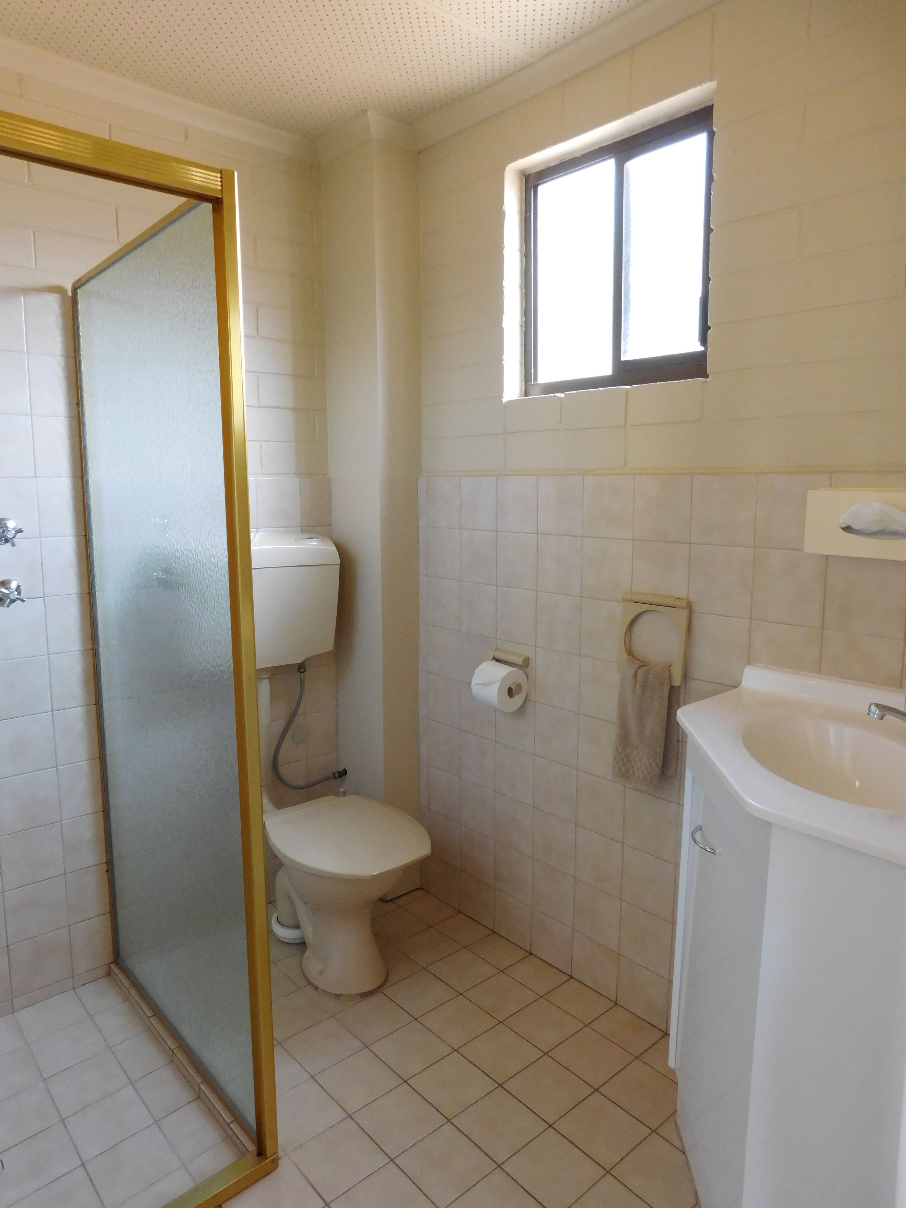A bathroom with a toilet, a sink, and a shower area.