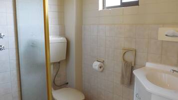 A bathroom with a toilet, a sink, and a shower area.