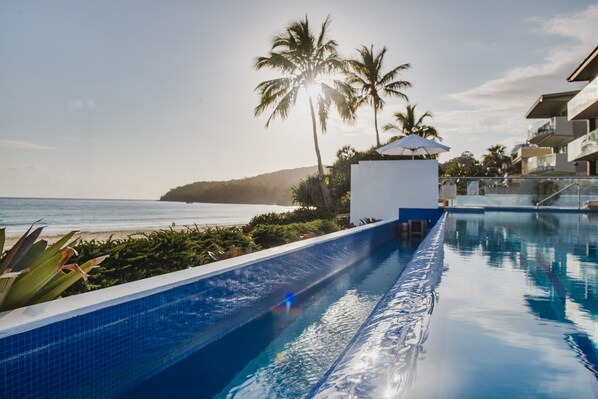 Outdoor pool, pool umbrellas, pool loungers
