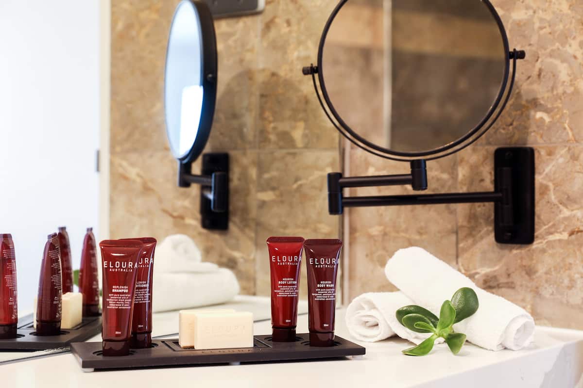 free toiletries, hair dryer, soap, shampoo