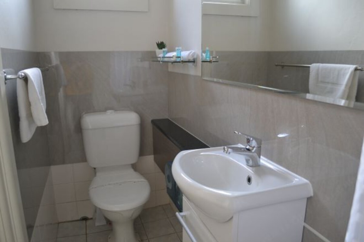 A bathroom with a toilet, sink, and mirror.