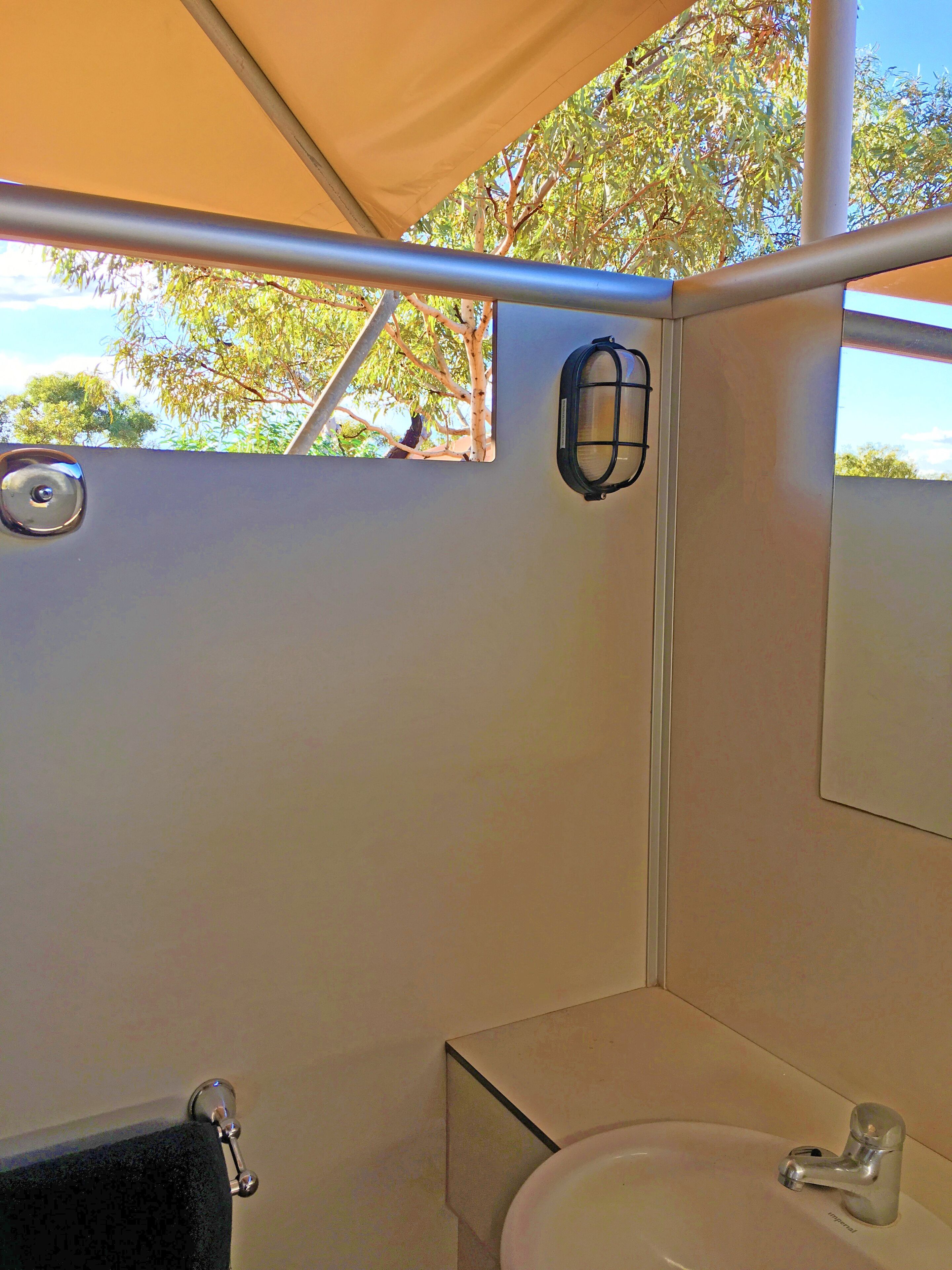 deluxe eco tent king | bathroom | shower, free toiletries, towels, soap