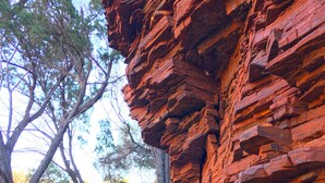 A metal walkway leading to a red rock formation. - Karijini Eco Retreat (Karijini)