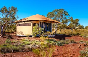 Tienda de campaña de lujo | Caja de seguridad en la habitación y ropa de cama