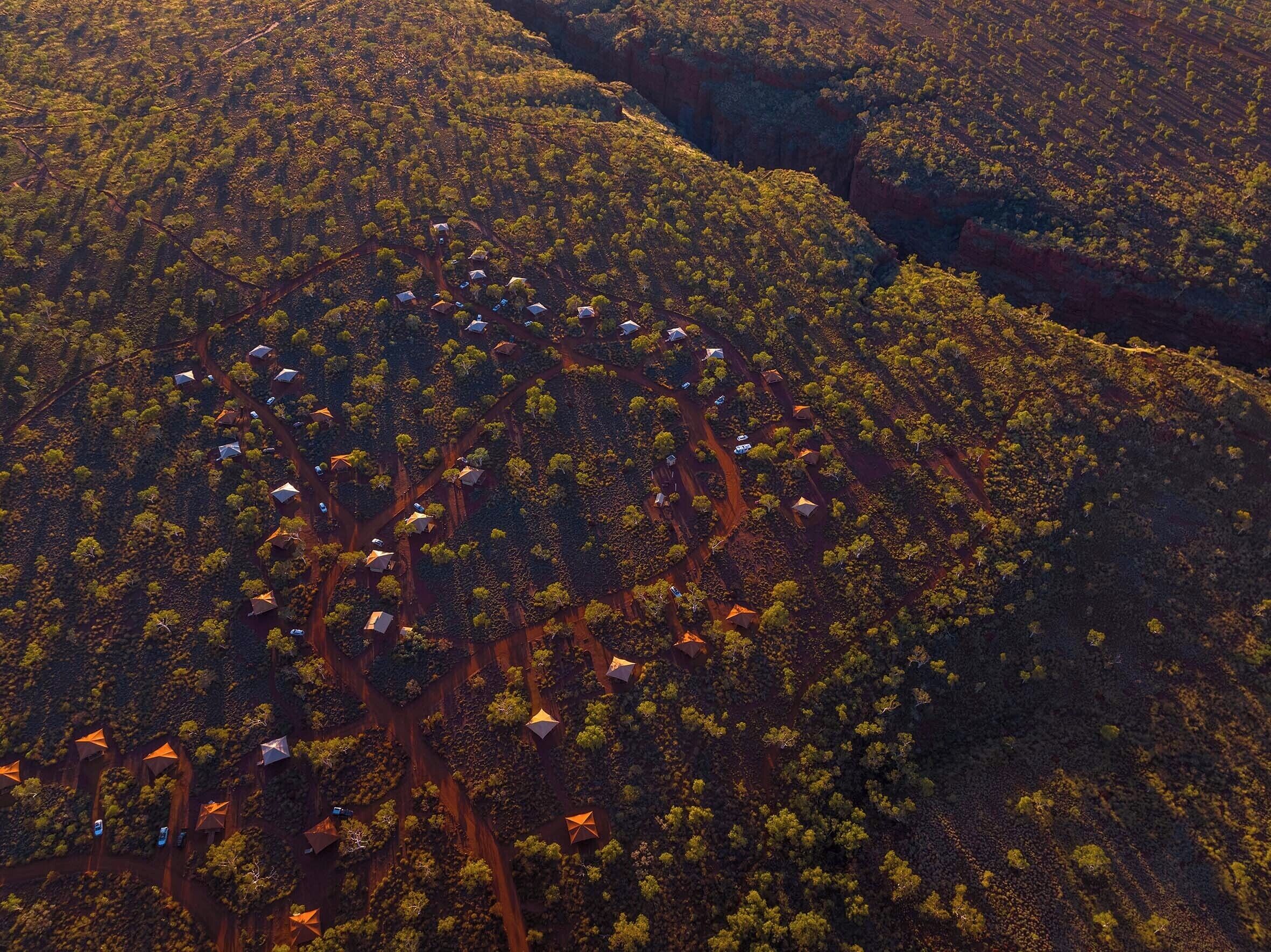 An aerial view of a forested area with a cluster of houses arranged in a circular pattern.