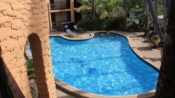 Outdoor pool, pool umbrellas, pool loungers