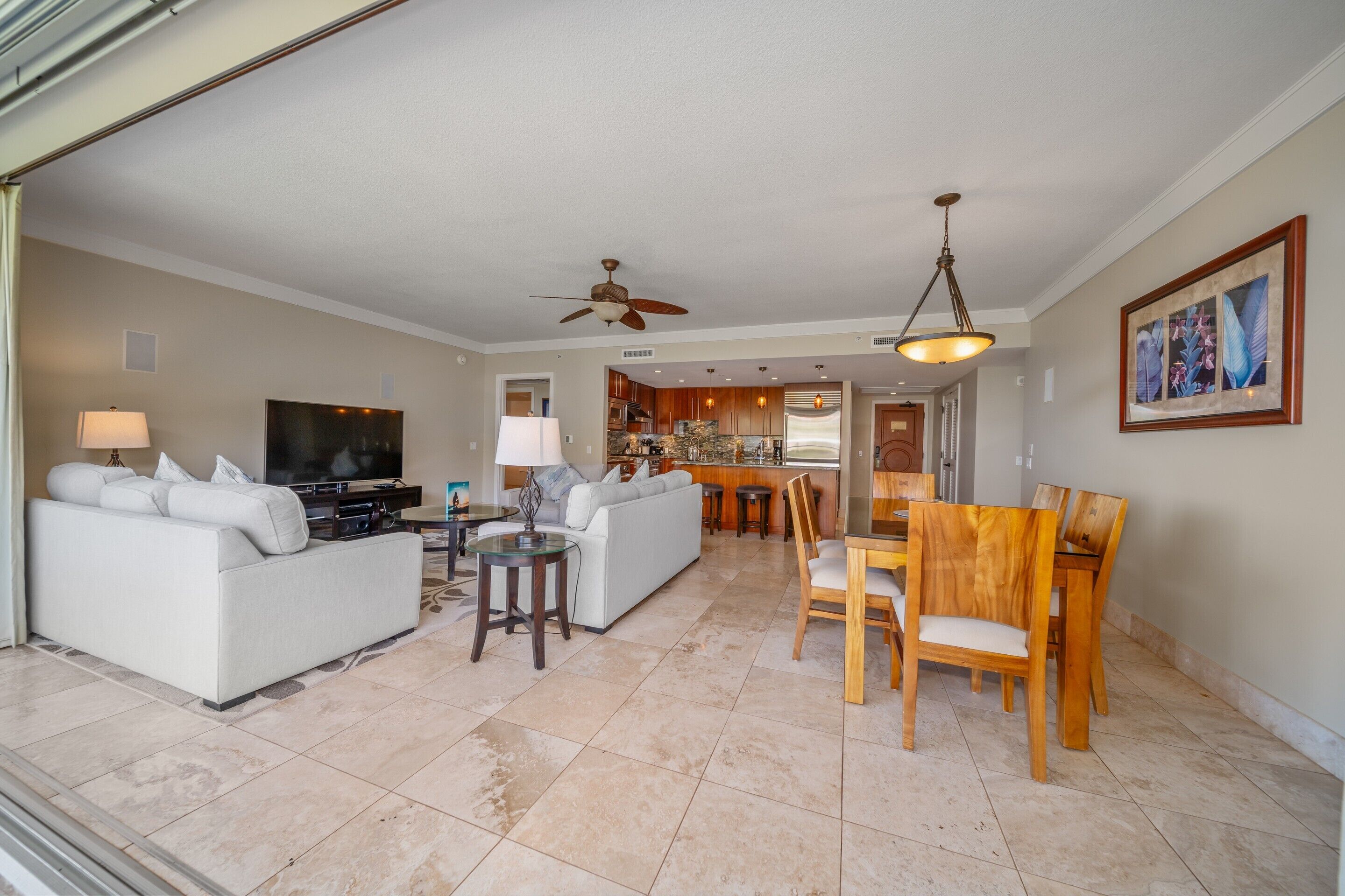 Suite, Ocean View 3 Bedroom (Hokulani 304, 3 Bath) | Living area | Flat-screen TV, DVD player