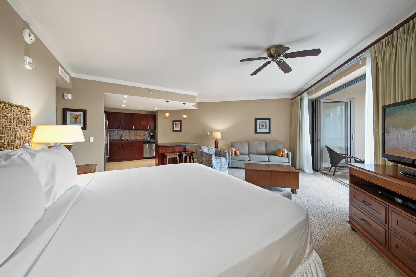 Studio, Ocean View | Living area | Flat-screen TV, DVD player