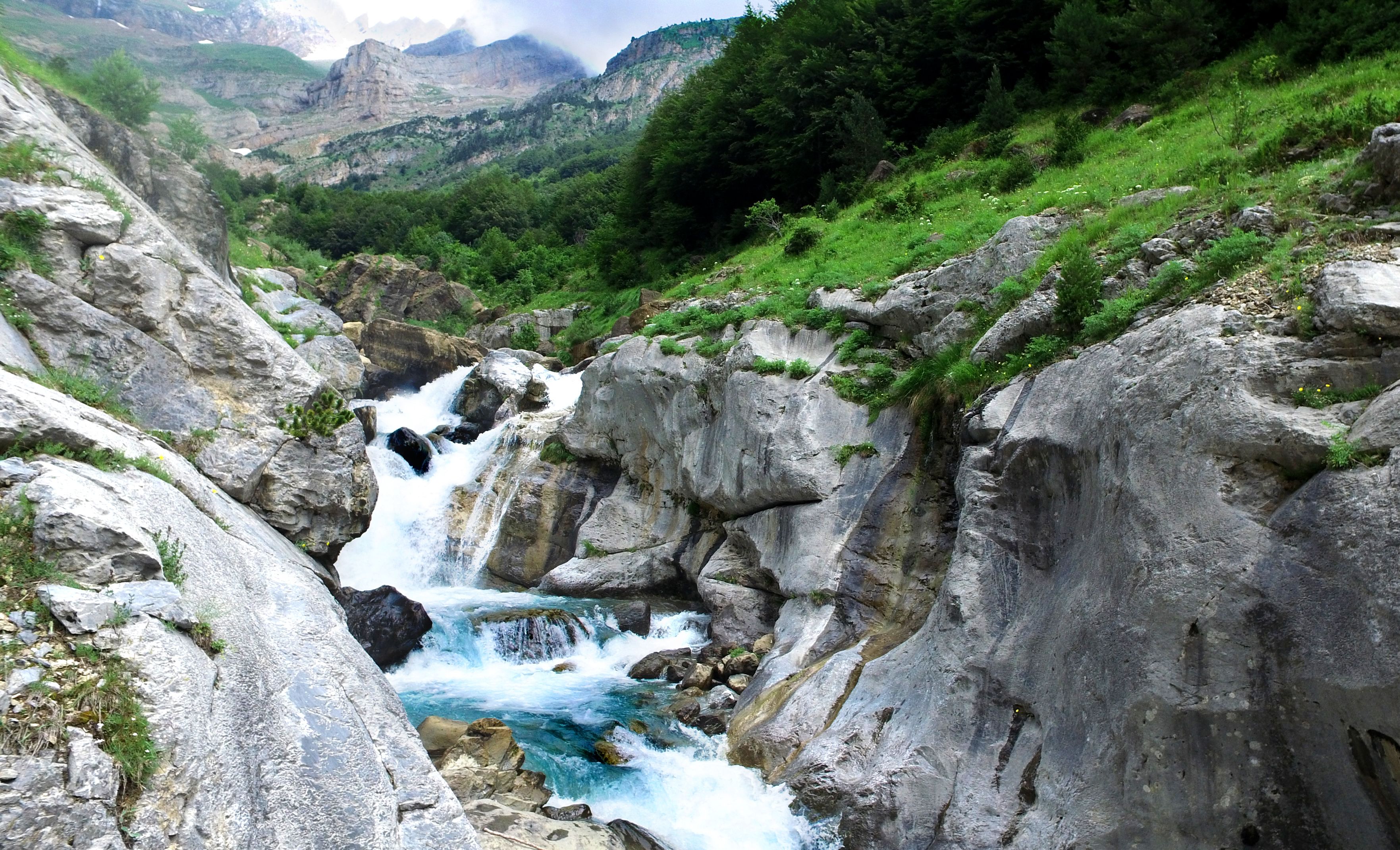 A rocky gorge with a flowing river, surrounded by lush greenery and mountains in the background.