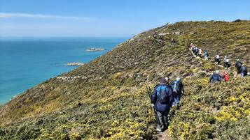 A coastal hiking trail with hikers ascending a grassy hill.