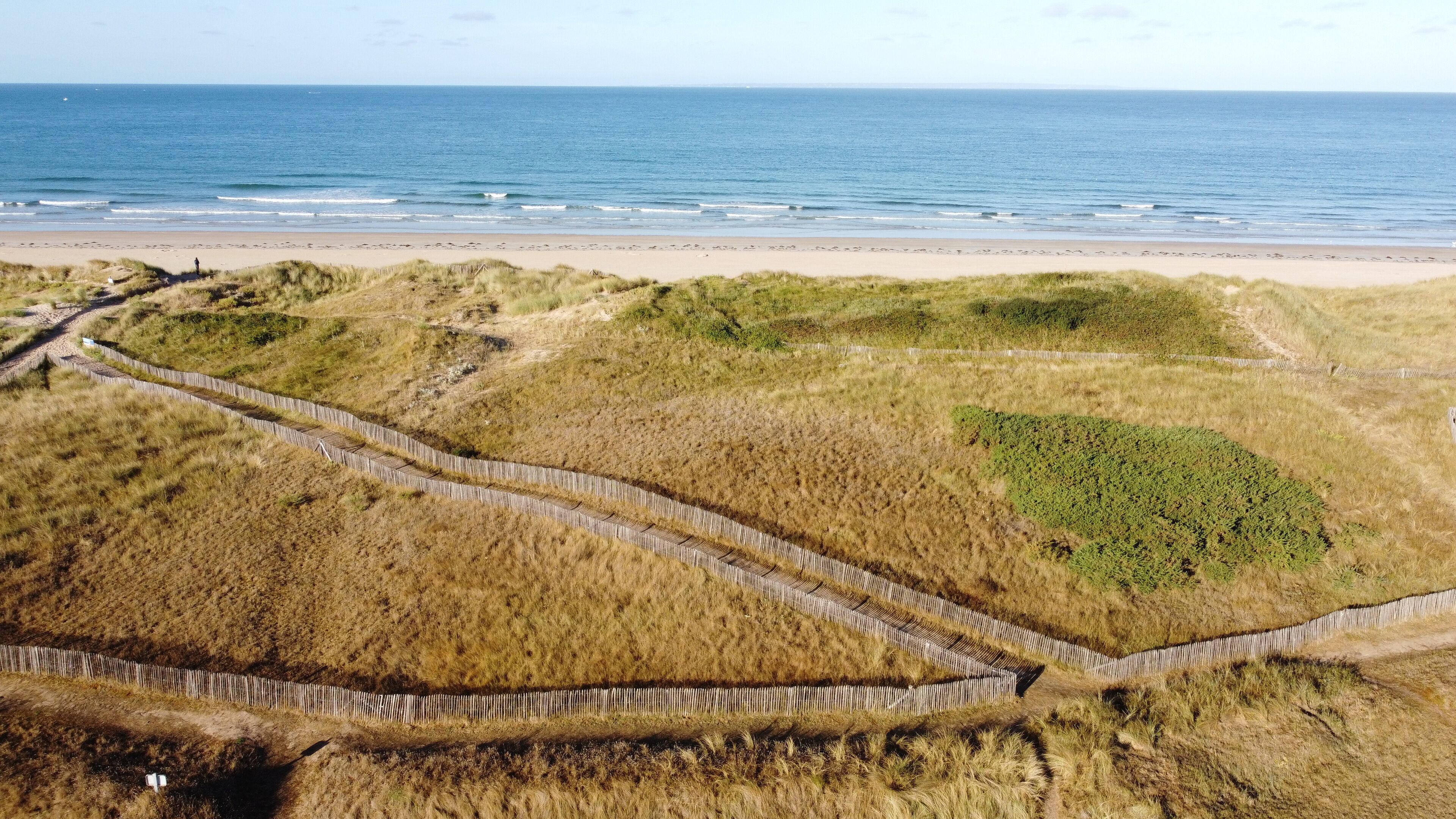 A beach with a wooden fence and grassy dunes.