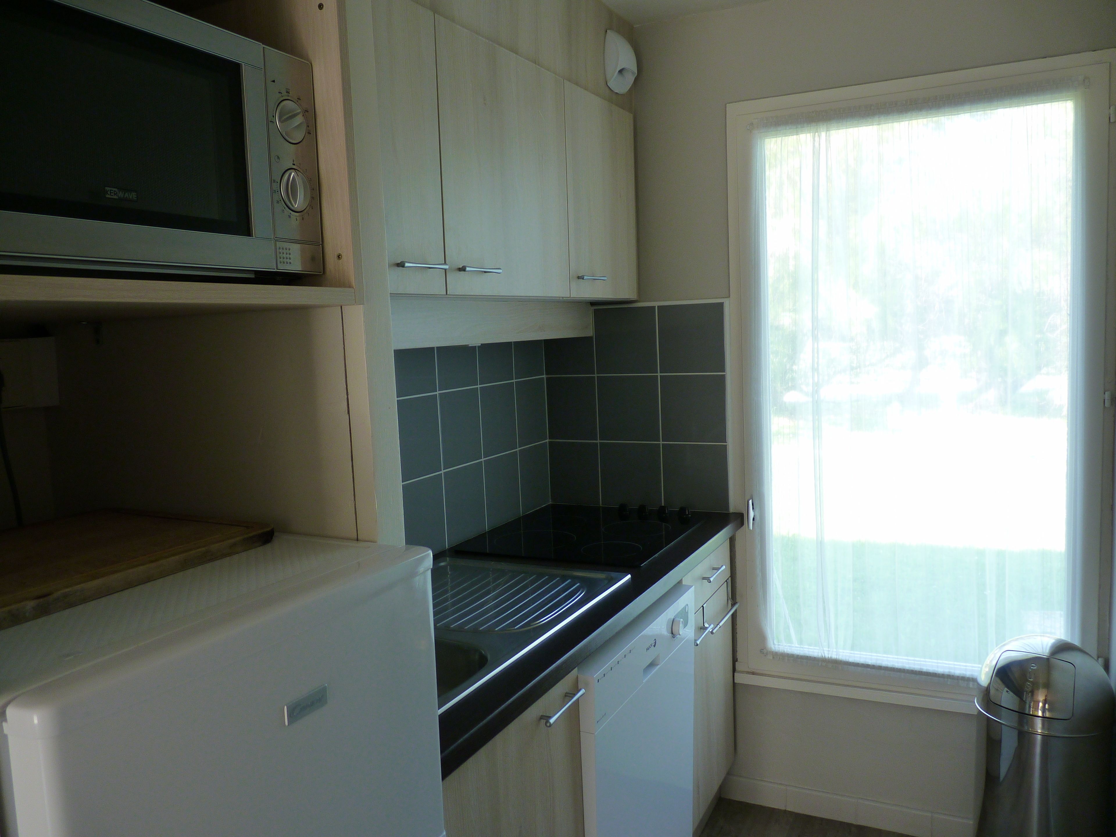 A compact kitchen with a microwave, stove, and dishwasher.