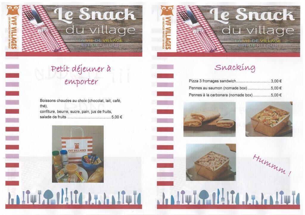 A menu board titled "Le Snack du village" with sections for "Petit déjeuner à emporter" and "Snacking," listing items like hot chocolate, sandwiches, and pastries with prices.
