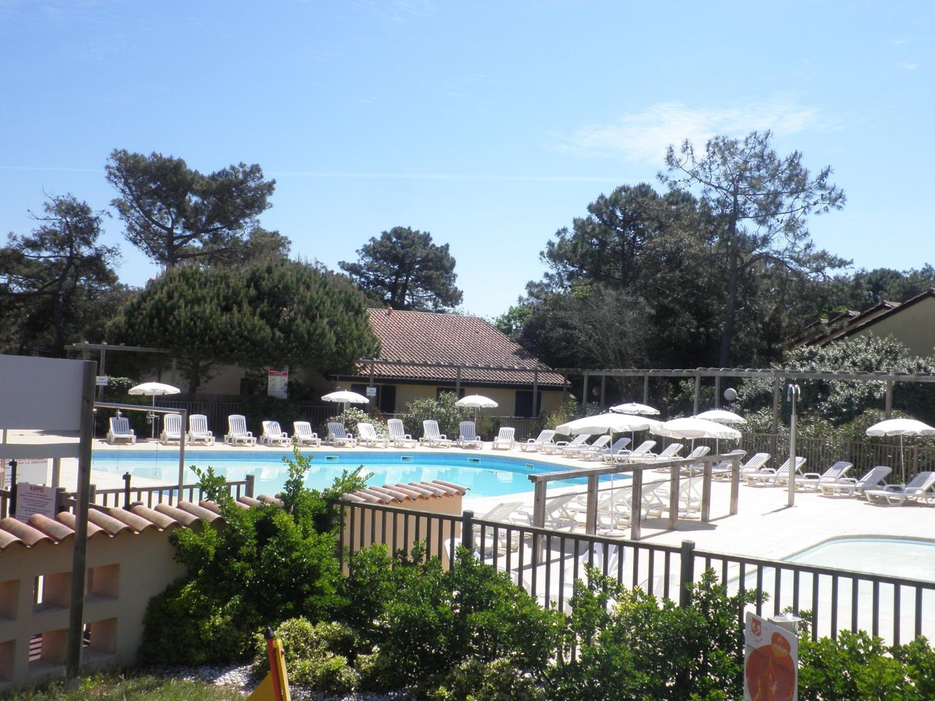 A pool area with lounge chairs and umbrellas, surrounded by trees and a building with a tiled roof.
