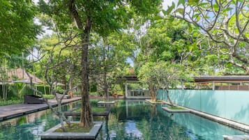 Outdoor pool, pool umbrellas, pool loungers