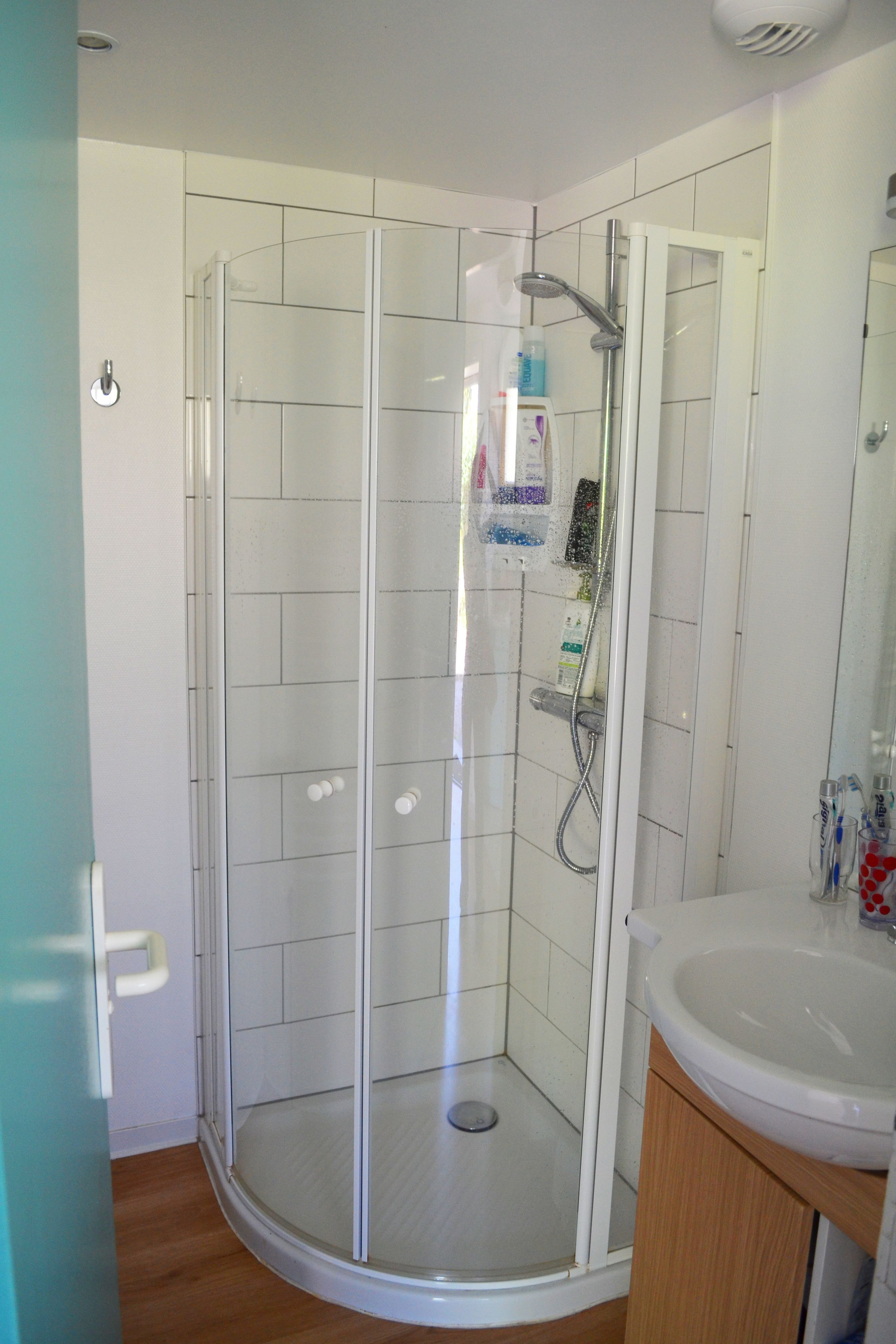 A glass-enclosed shower with a white sink and cabinet.