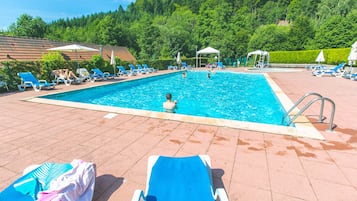 Outdoor pool, pool umbrellas, pool loungers