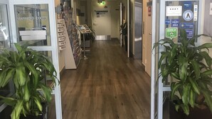 A reception area with a wooden floor, a reception desk, and potted plants.