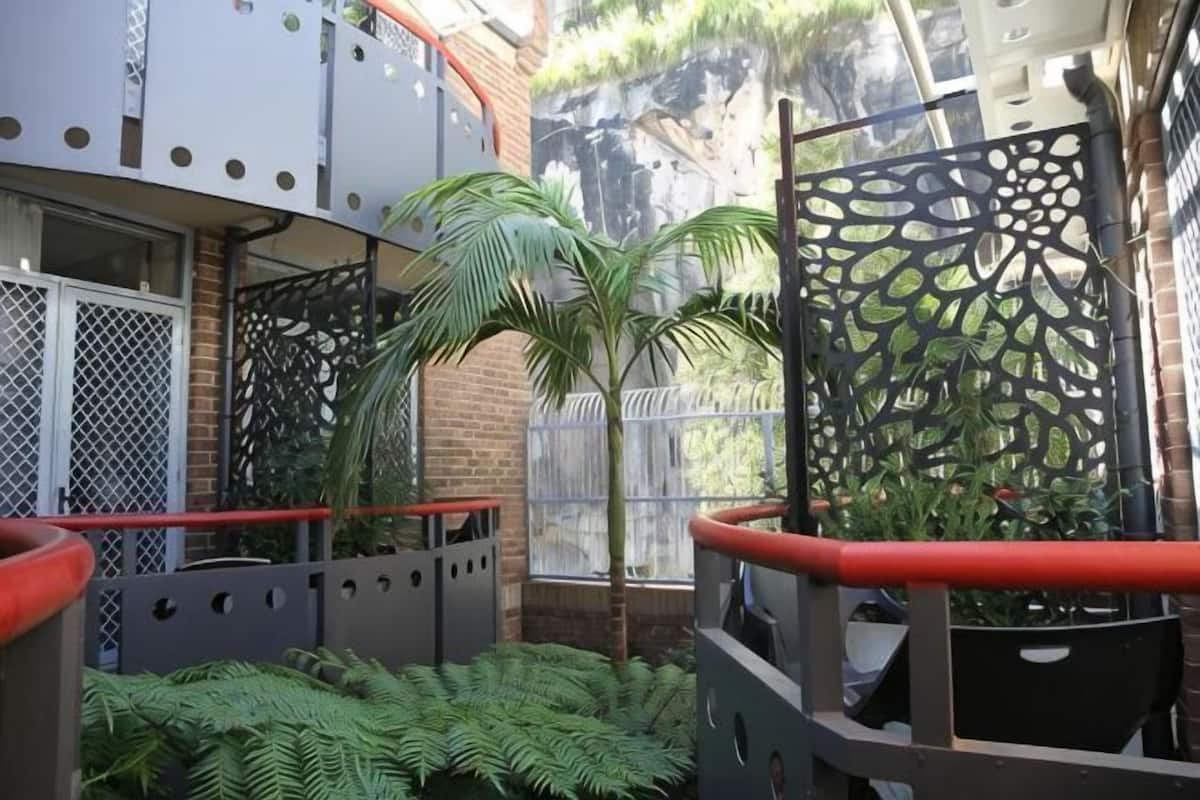 A balcony with a palm tree, a decorative metal fence, and a red railing.