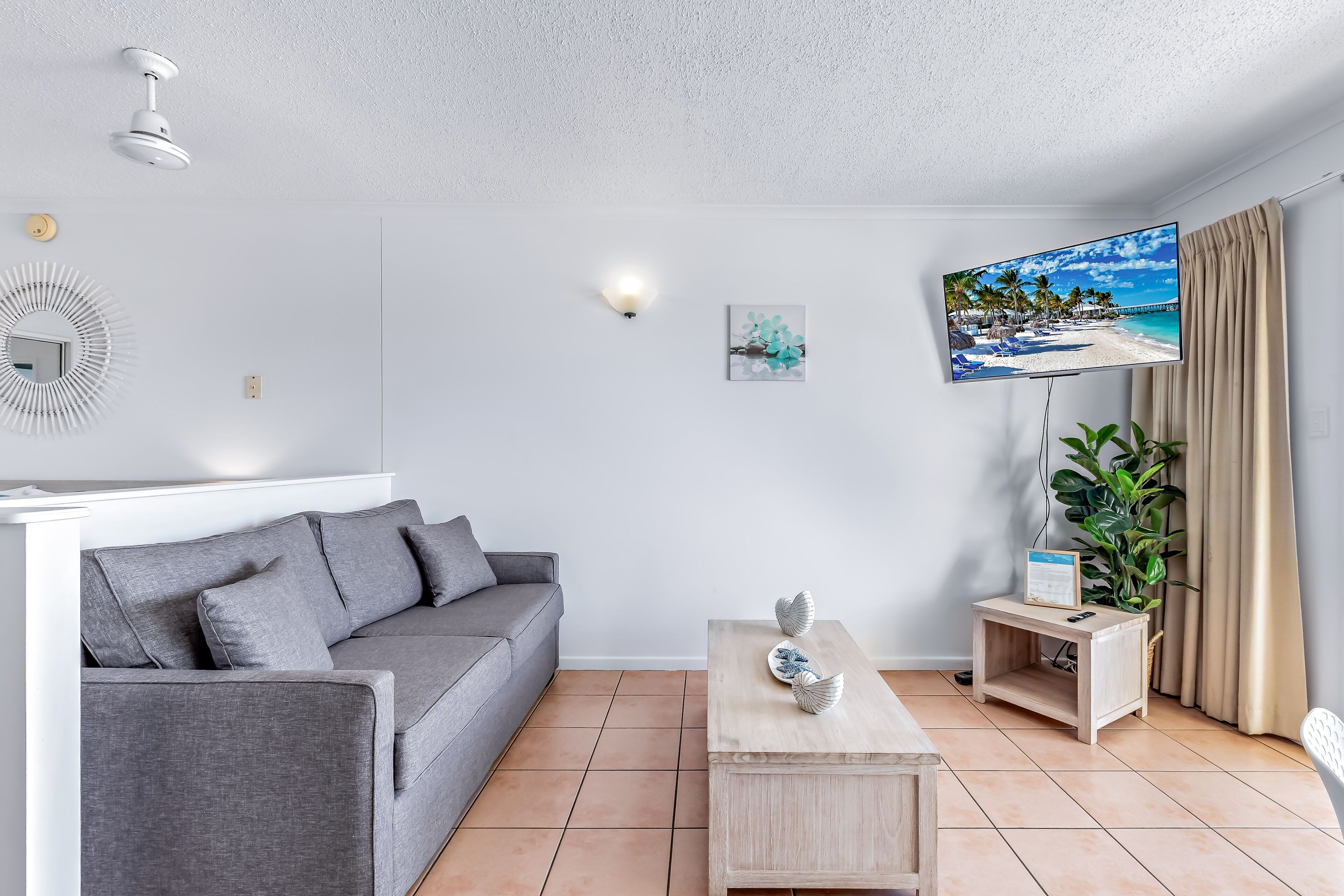 A modern living room with a grey sofa, a wooden coffee table, a TV mounted on the wall, and a plant on a side table.