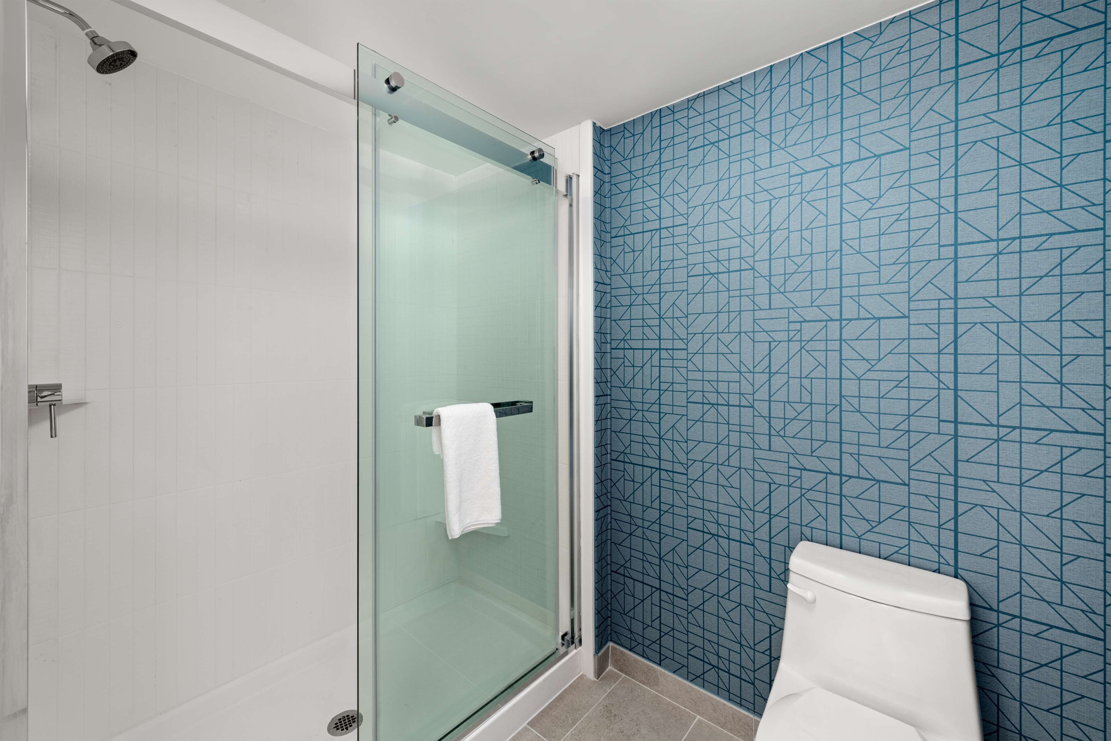 A modern bathroom with a glass shower enclosure, a white toilet, and a blue patterned wall.