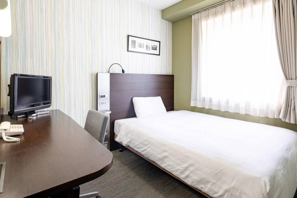 A hotel room with a bed, a desk with a telephone, a television, and a picture on the wall.