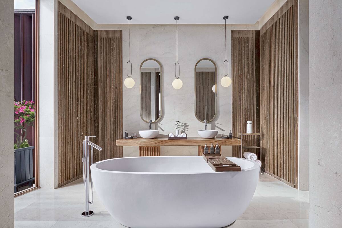 kiaali residence | bathroom | separate bathtub and shower, deep-soaking bathtub, rainfall showerhead