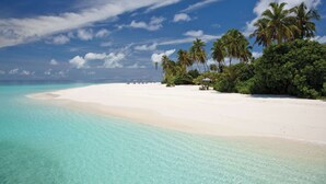 A beach with clear turquoise waters, white sand, and palm trees. - Park Hyatt Maldives Hadahaa (Hadahaa)