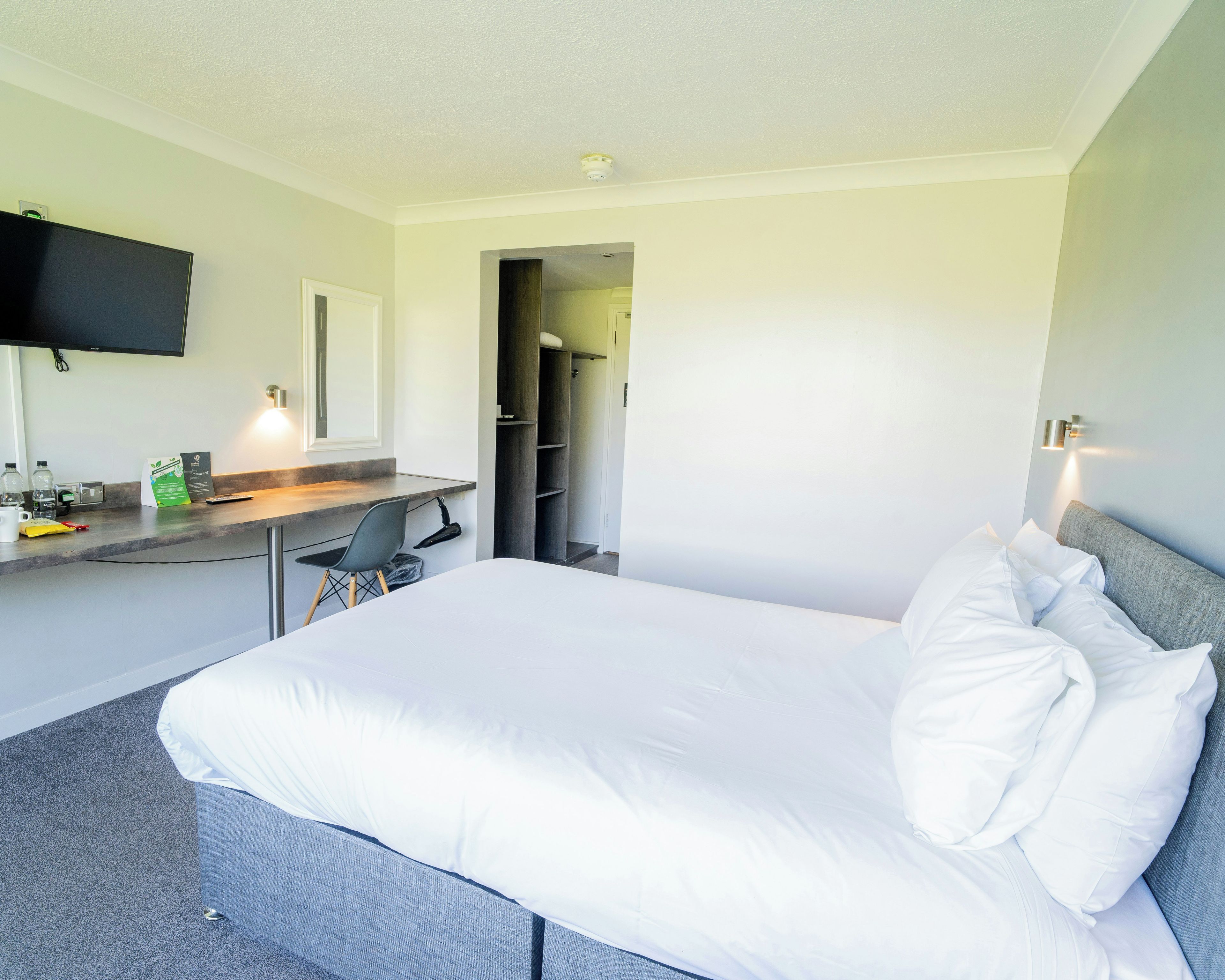 A hotel room with a bed, a desk, a chair, a television, and a closet.
