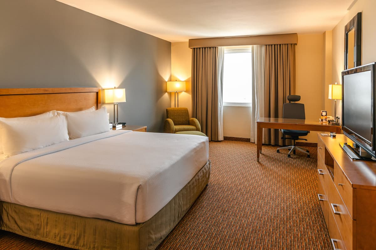 Una habitación de hotel con una cama grande, un escritorio, una silla, un televisor y una lámpara.