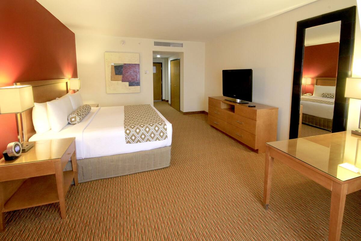 Una habitación de hotel con cama, mesita de noche, lámpara, televisor, cómoda y espejo.