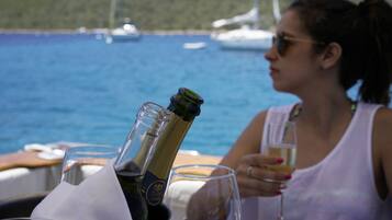 Una mujer sentada a una mesa con una botella de champán y copas, con vistas a una masa de agua donde se ven barcos al fondo.